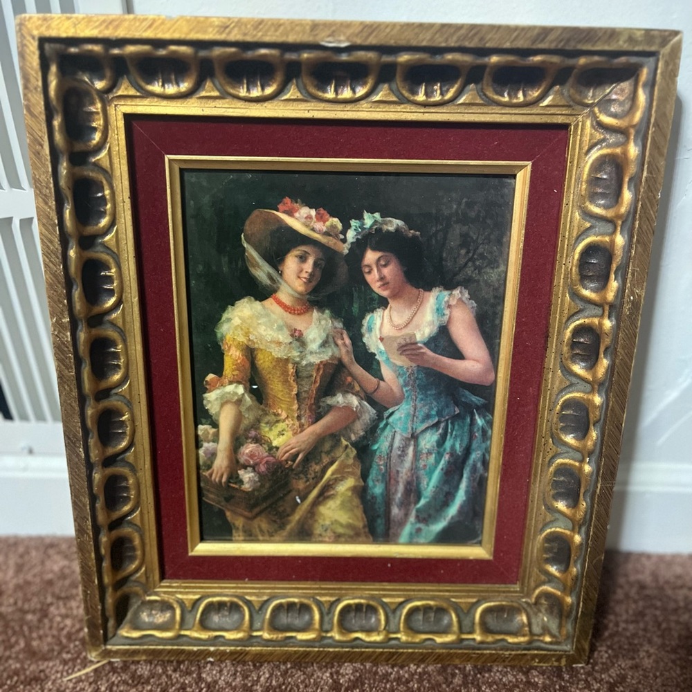 Limoges antique porcelain photo, wood carved frame, velvet lined.